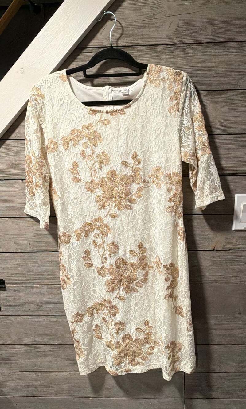 Olivia Matthews Lace Dress Size 12 Ivory Gold Floral Sheath